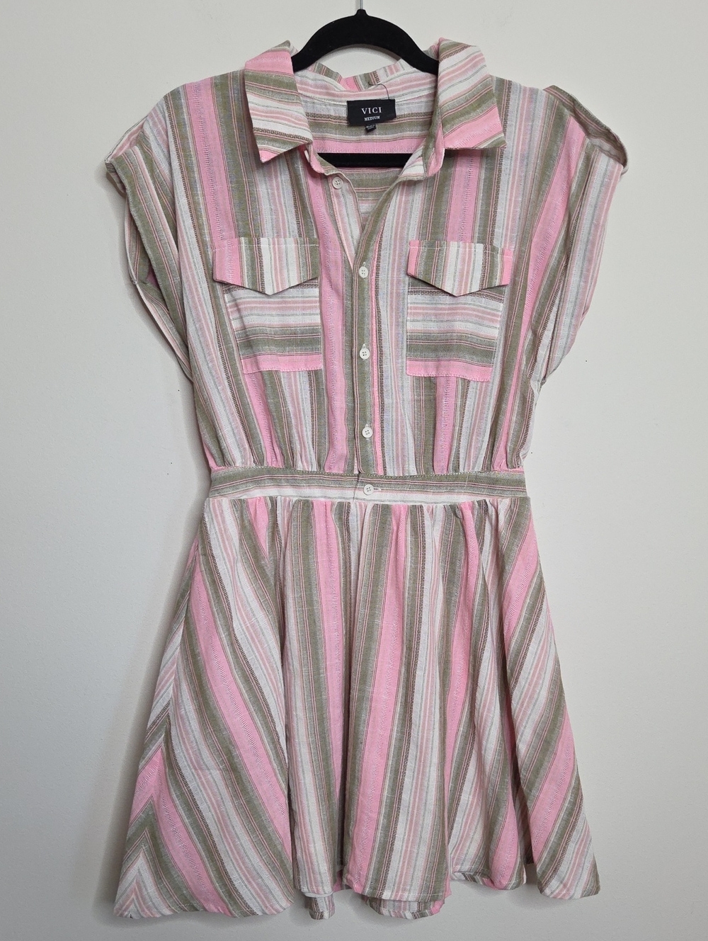 Vici Pink, Green & White Striped Shirt Dress